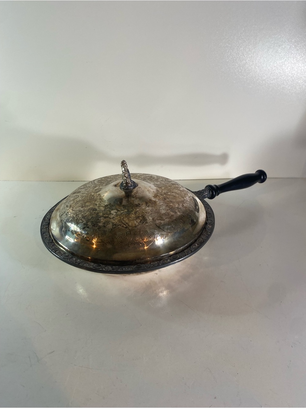 Silver Plate Lidded Round Chafing Dish With Black Wooden Handle Wooden Handle